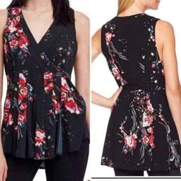 Free People Tops - Free People Floral Sleeveless Wrap Tunic Top Size Small Black & Red